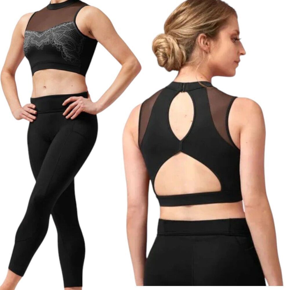 NEW BLOCH Dance Womens Lace Print Mock Neck Crop Top Size XS Black‎ Exercise
